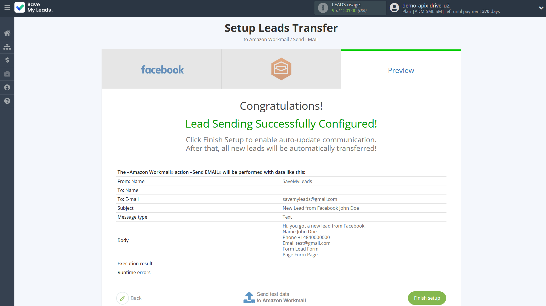 How to Connect Facebook with Amazon Workmail | Test data