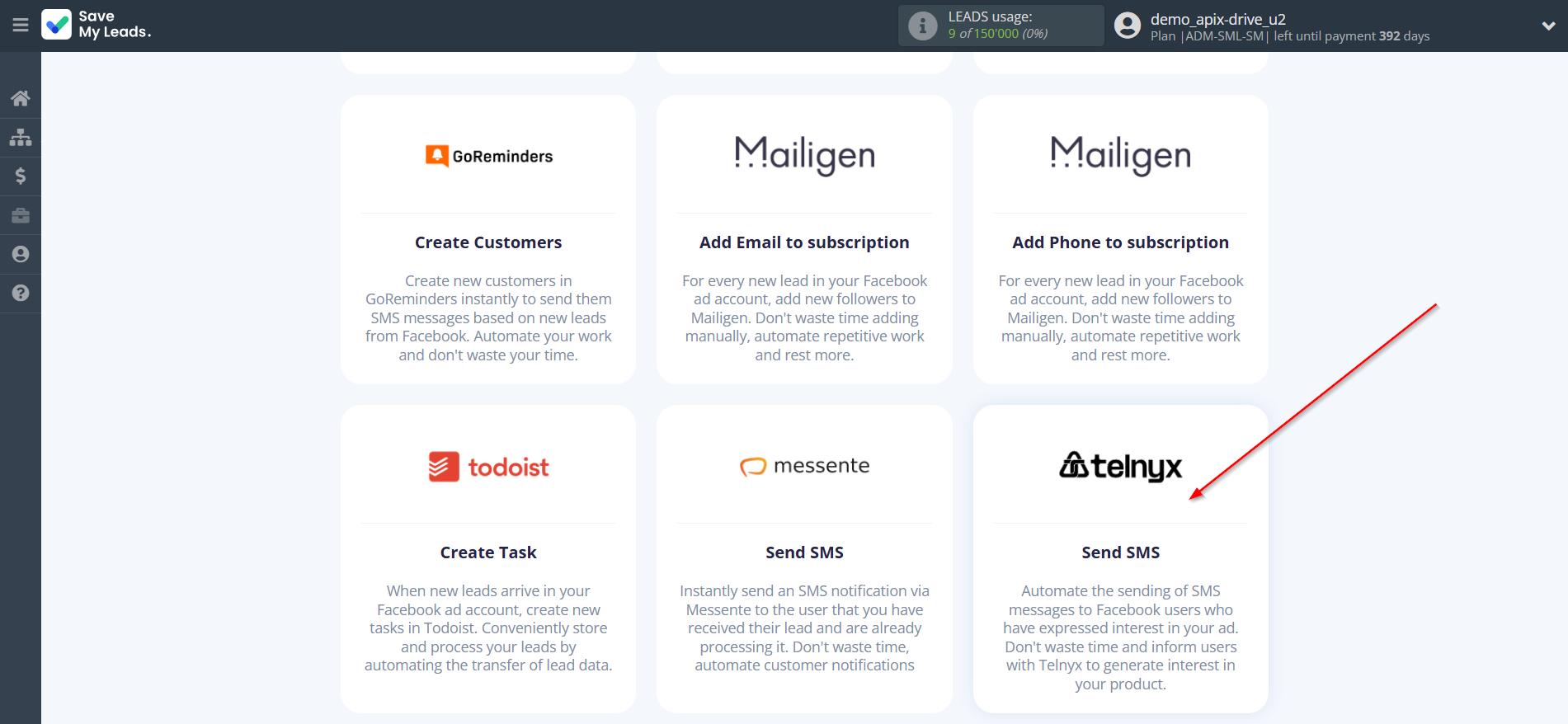 How to Connect Facebook with Telnyx | Data Destination system selection