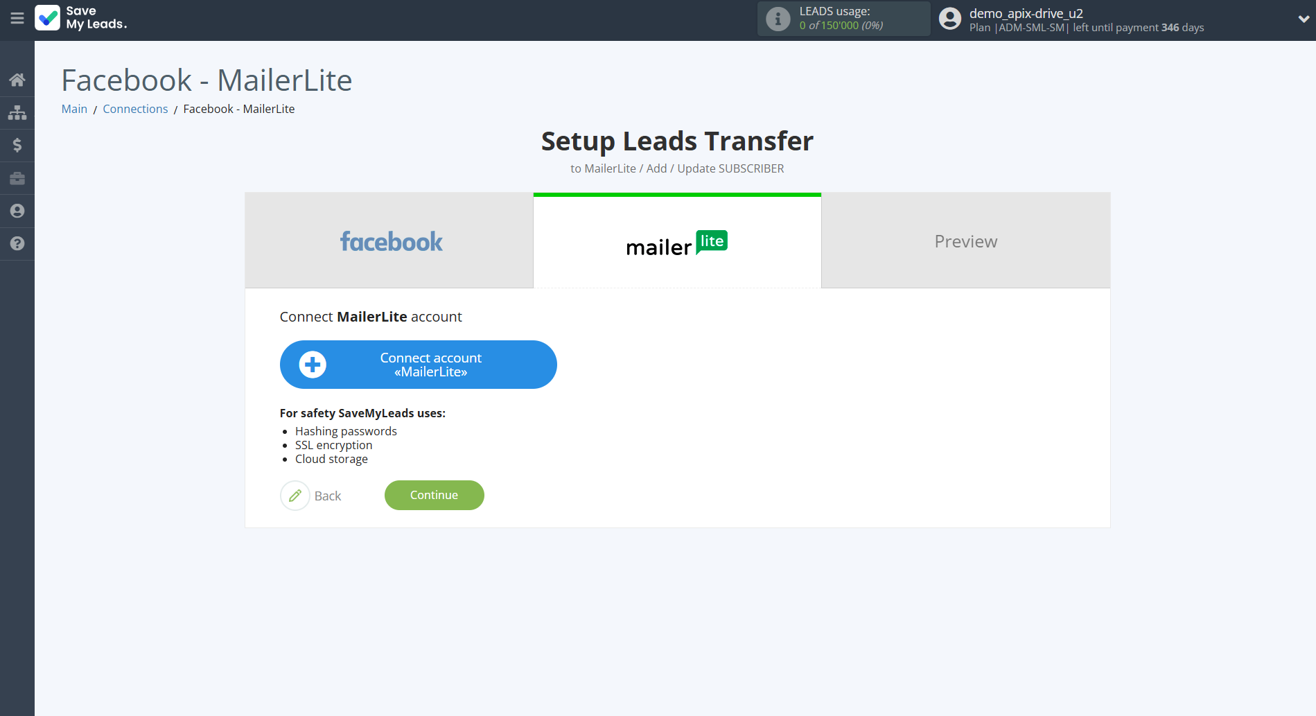 How to Connect Facebook with MailerLite | Data Destination account connection