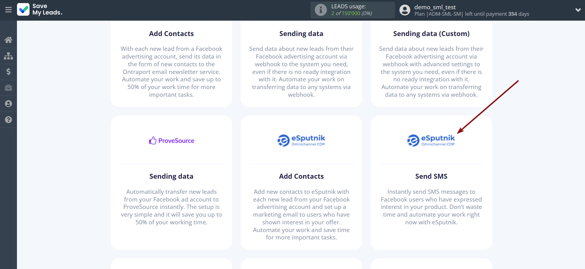 How to Connect Facebook with eSputnik Send SMS| Data Destination system selection