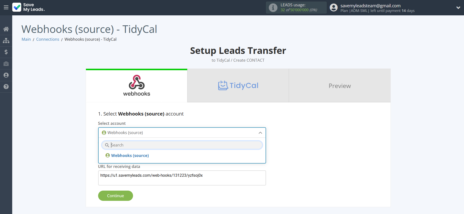 How to Connect Webhooks with TidyCal Create Contacts | Data Source account selection