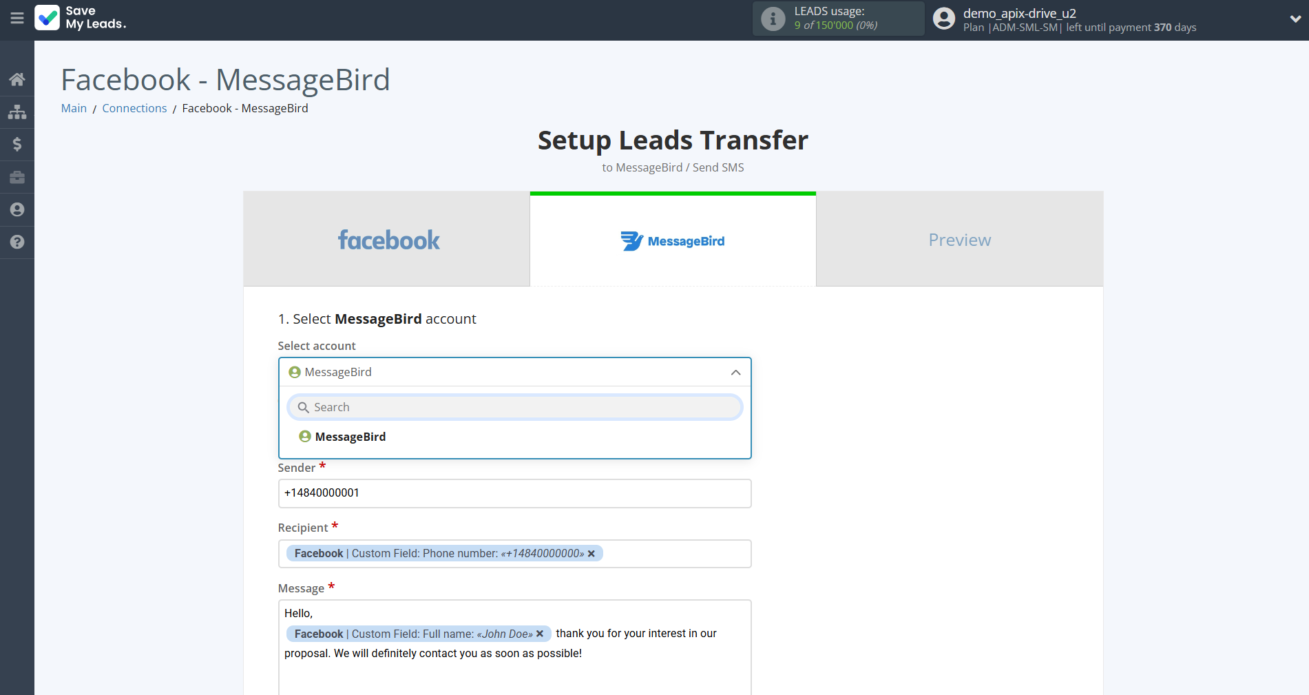 How to Connect Facebook with MessageBird | Data Destination account selection