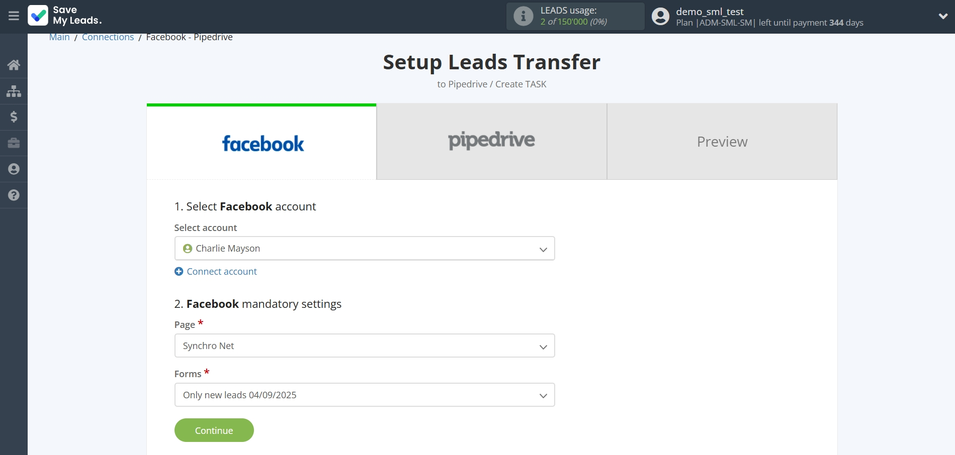 How to Connect Facebook with Pipedrive Create Task | Data Source account connection