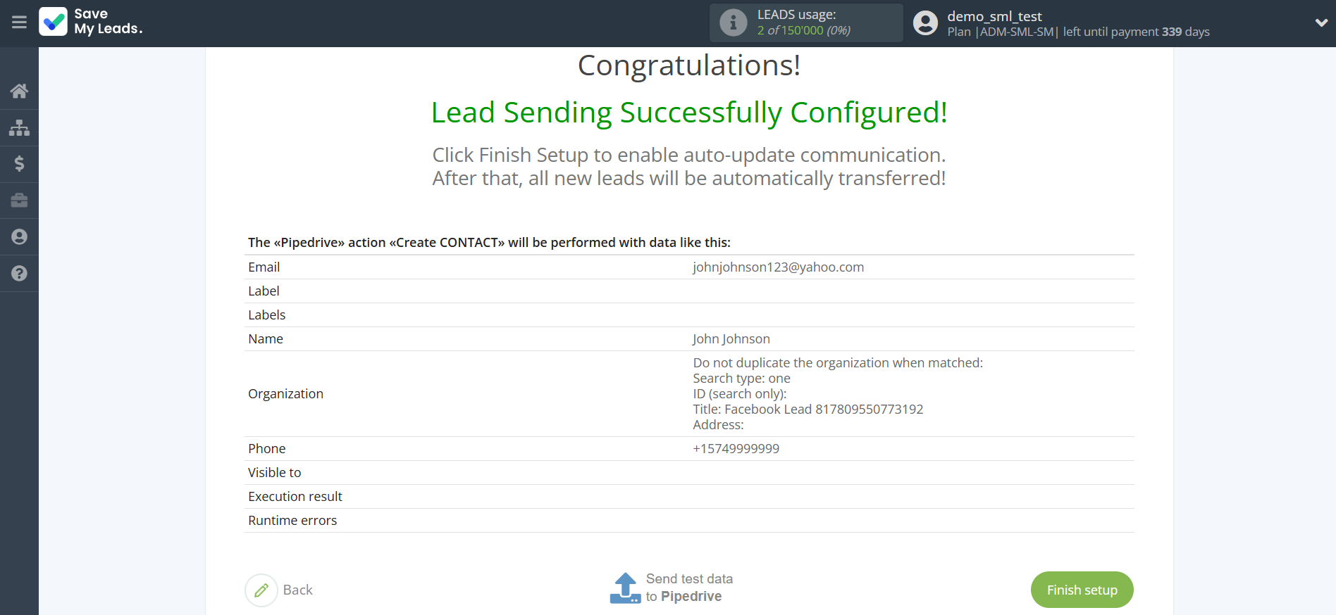 How to Connect Facebook with Pipedrive Create Contacts | Test data