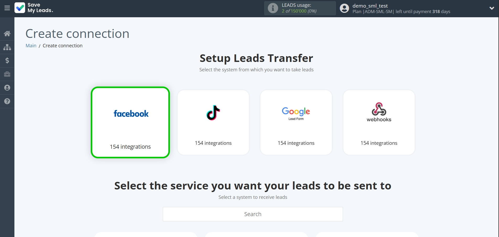 How to Connect Facebook with Wire2Air | Data Source system selection