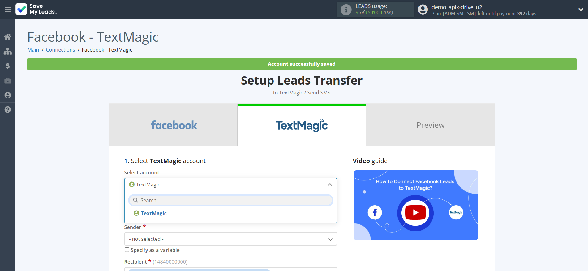 How to Connect Facebook with TextMagic | Data Destination account selection