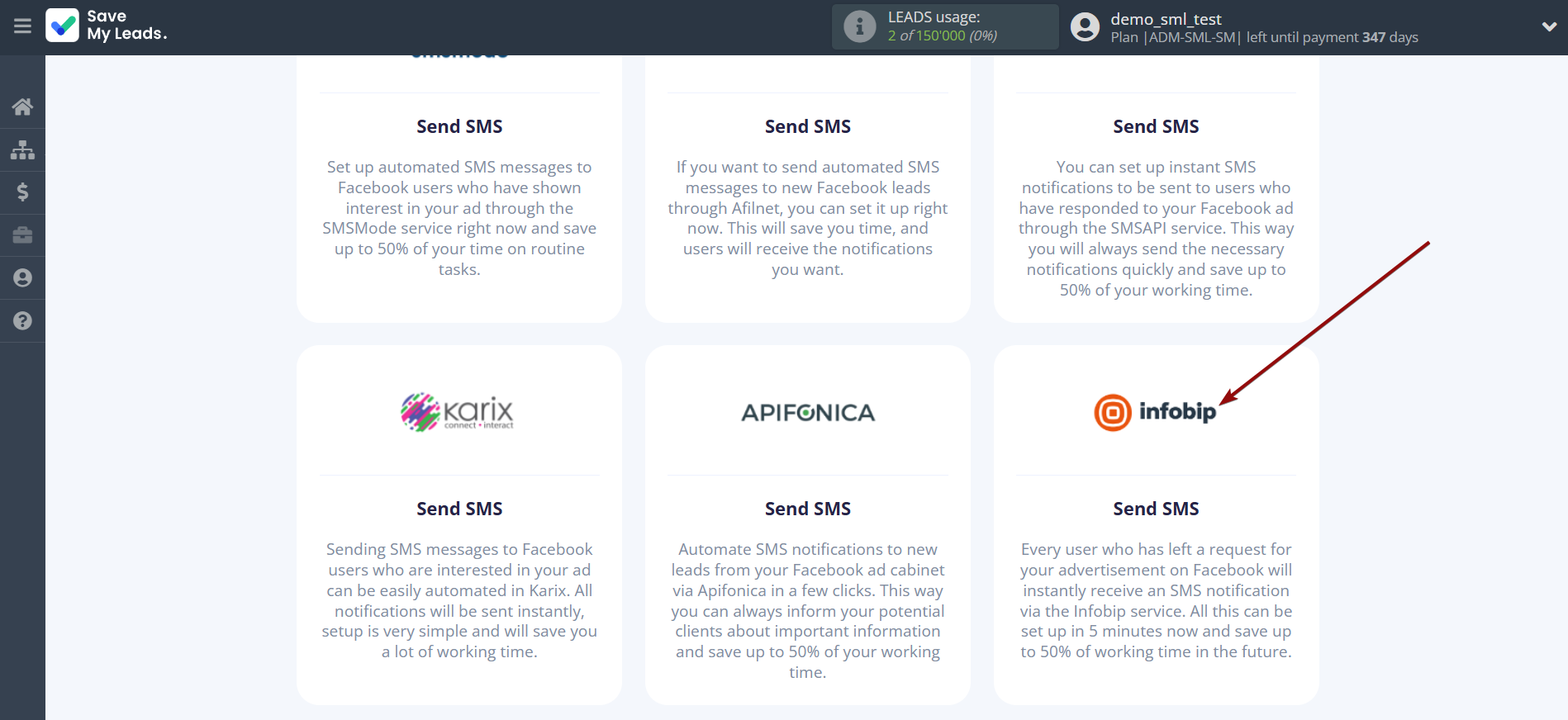 How to Connect Facebook with Infobip | Data Destination system selection