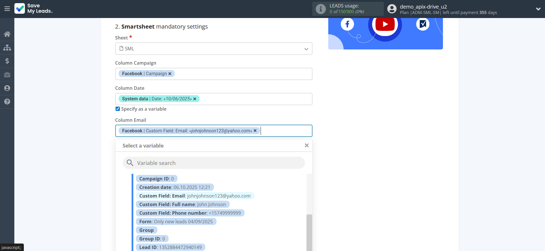 How to Connect Facebook with Smartsheet | Assigning fields How to Connect Facebook with Smartsheet | Assigning fields