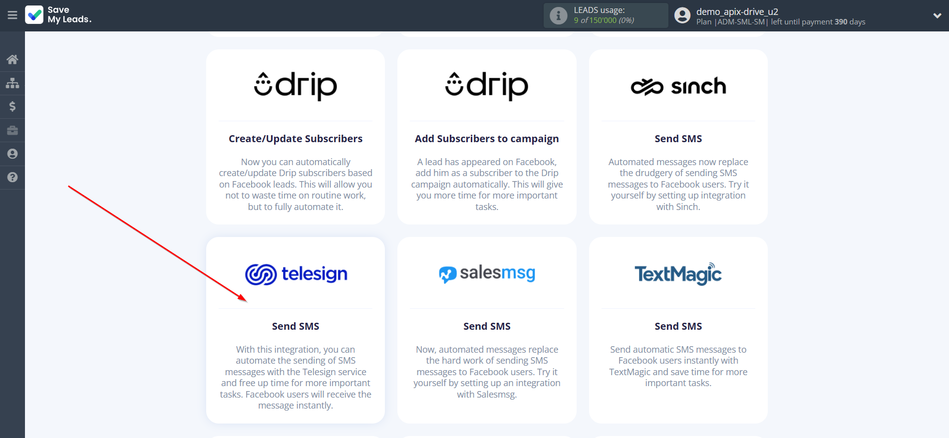 How to Connect Facebook with Telesign | Data Destination system selection