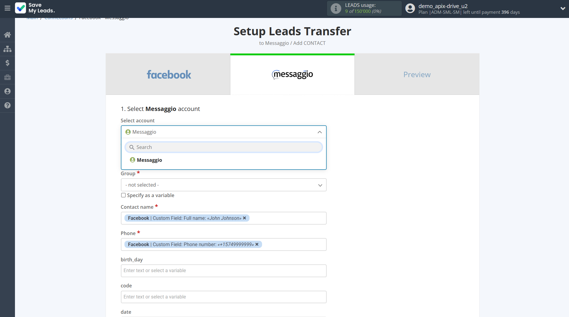 How to Connect Facebook with Messaggio | Data Destination account selection