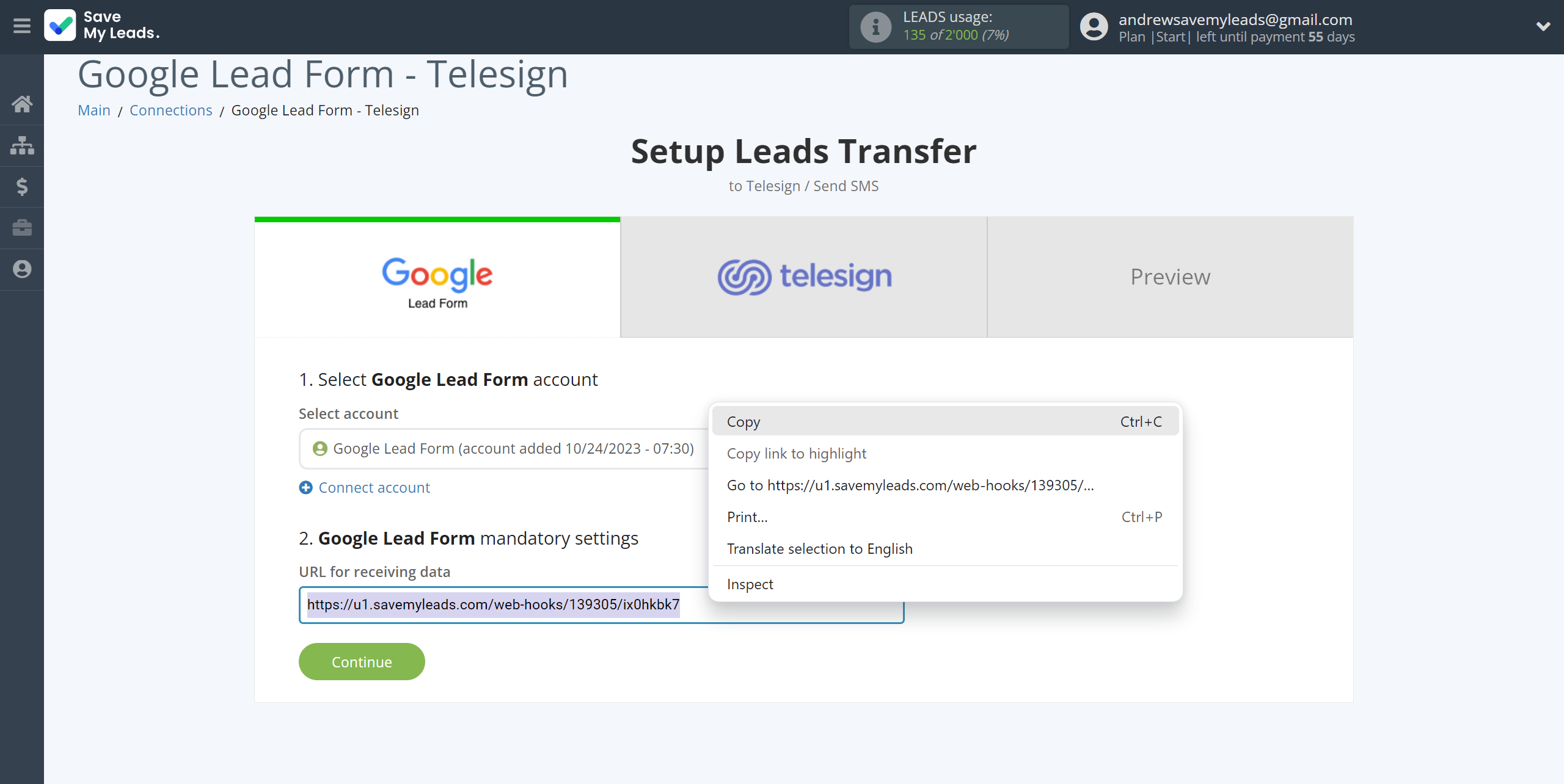 How to Connect Google Lead Form with Telesign | Data Source account connection