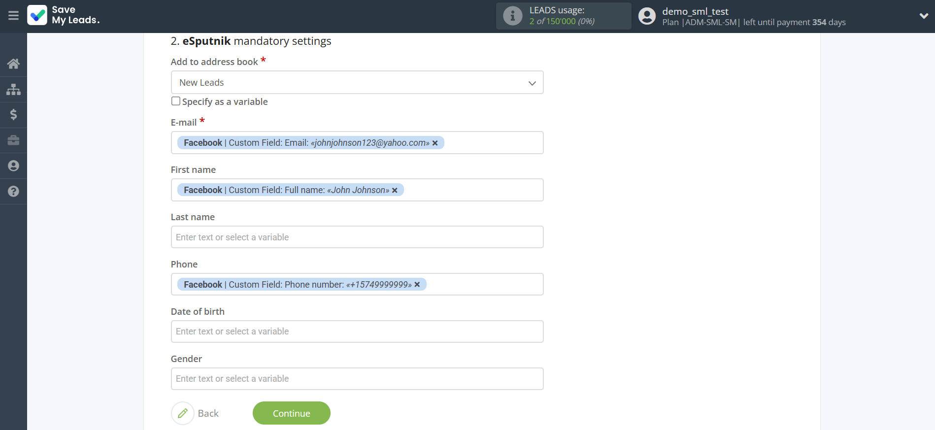How to Connect Facebook with eSputnik Add Contacts | Assigning fields