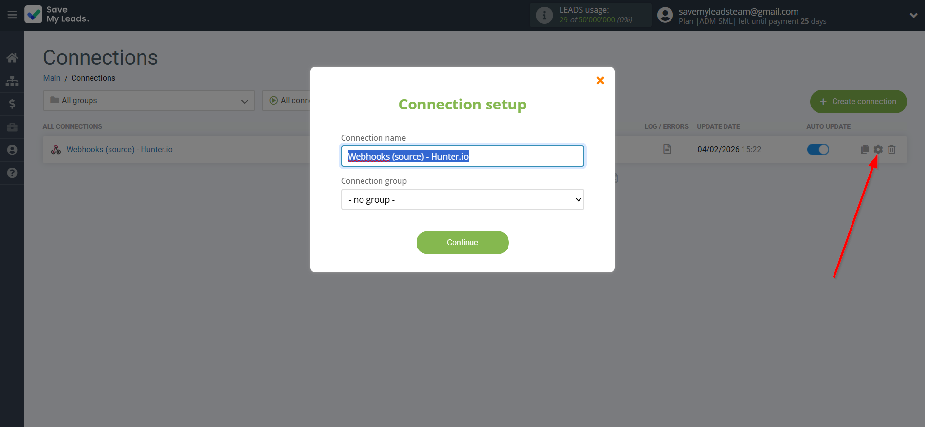 How to Connect Webhooks with Hunter.io | Name and group connection