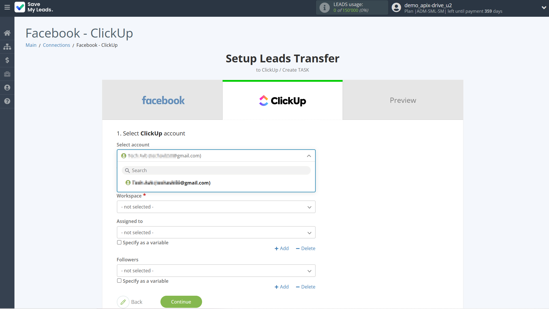 How to Connect Facebook with ClickUp | Data Destination account selection How to Connect Facebook with ClickUp | Data Destination account selection