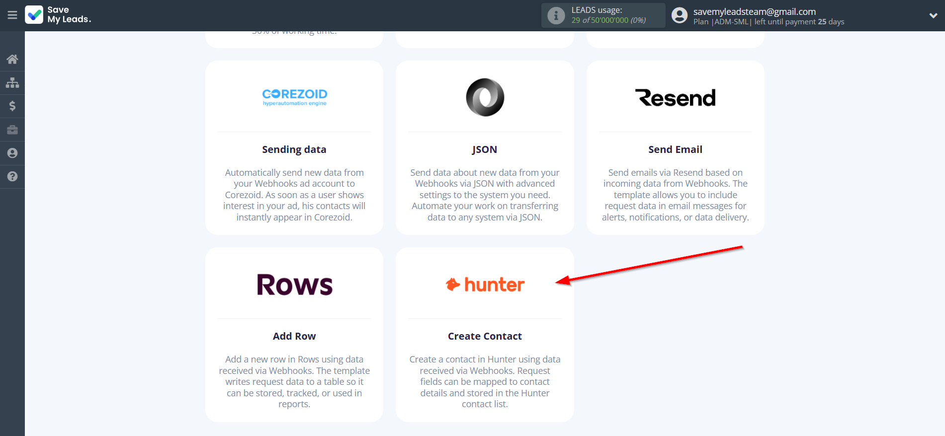 How to Connect Webhooks with Hunter.io | Data Destination system selection