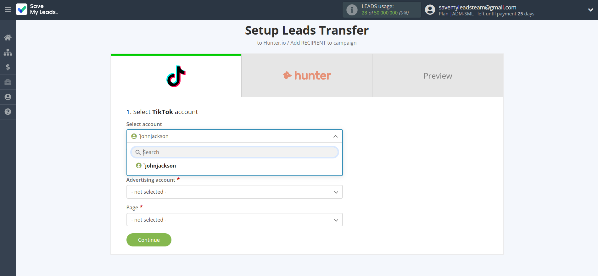 How to Connect TikTok with Hunter.io | Data Source account selection