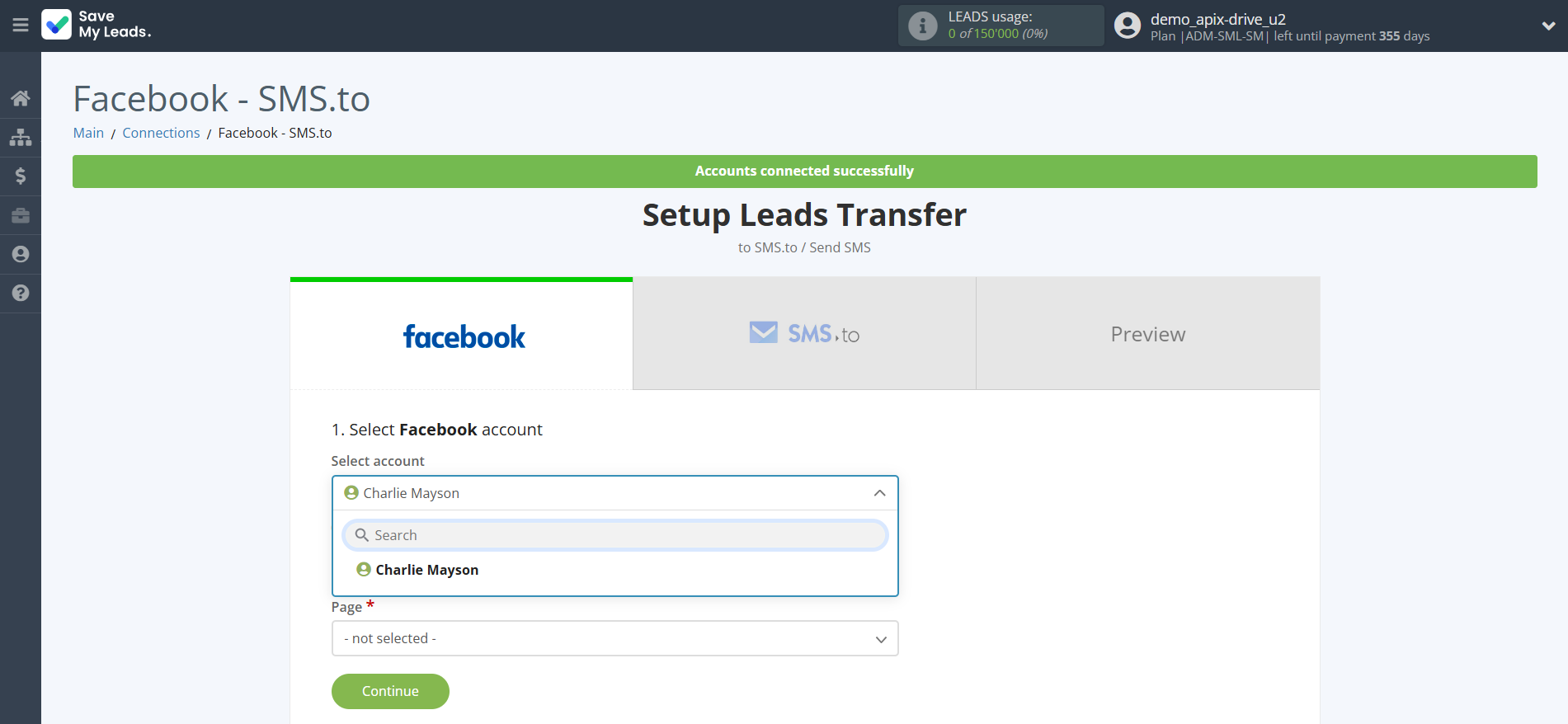 How to Connect Facebook with SMS.to | Data Source account selection How to Connect Facebook with SMS.to | Data Source account selection
