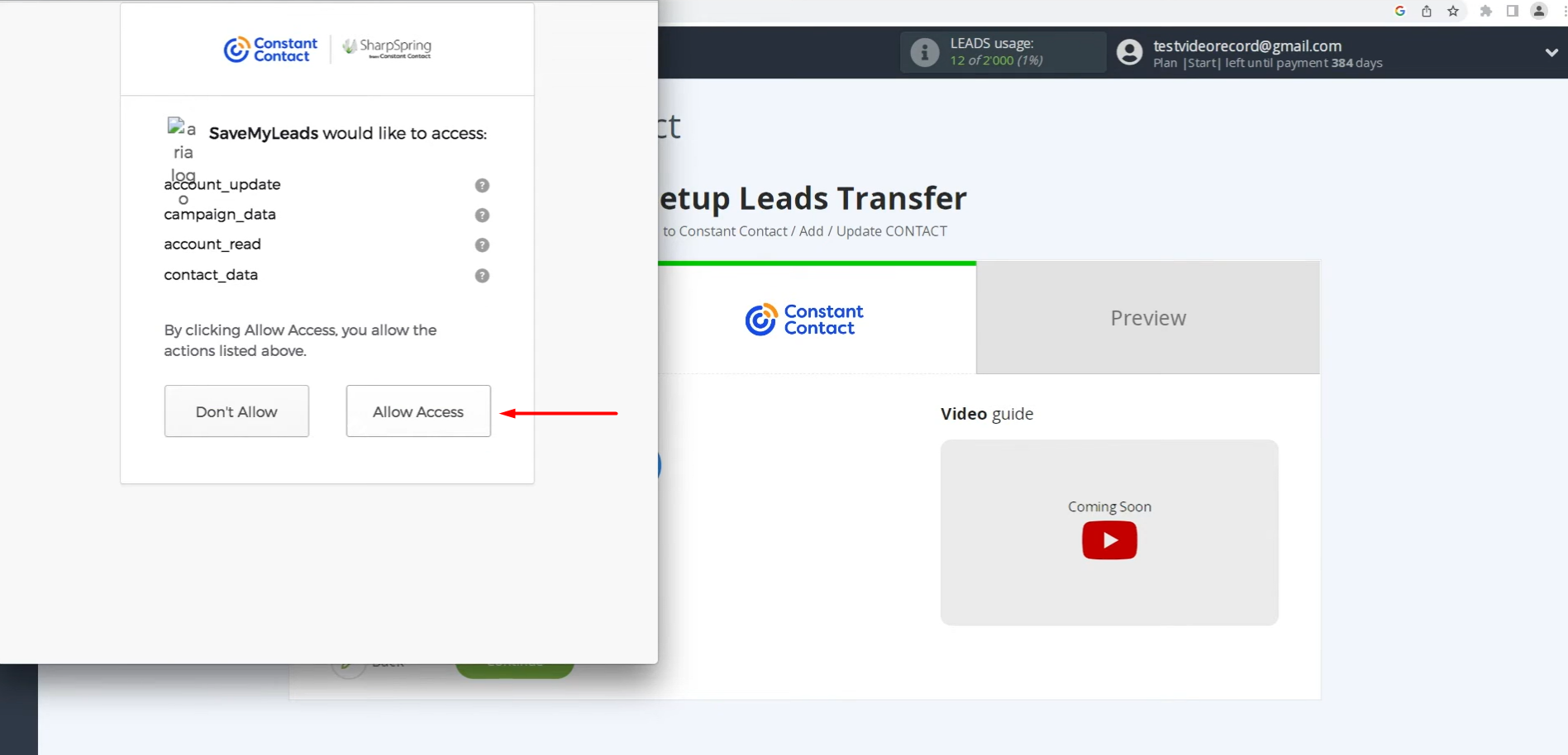 Grant SaveMyLeads permission to access your account