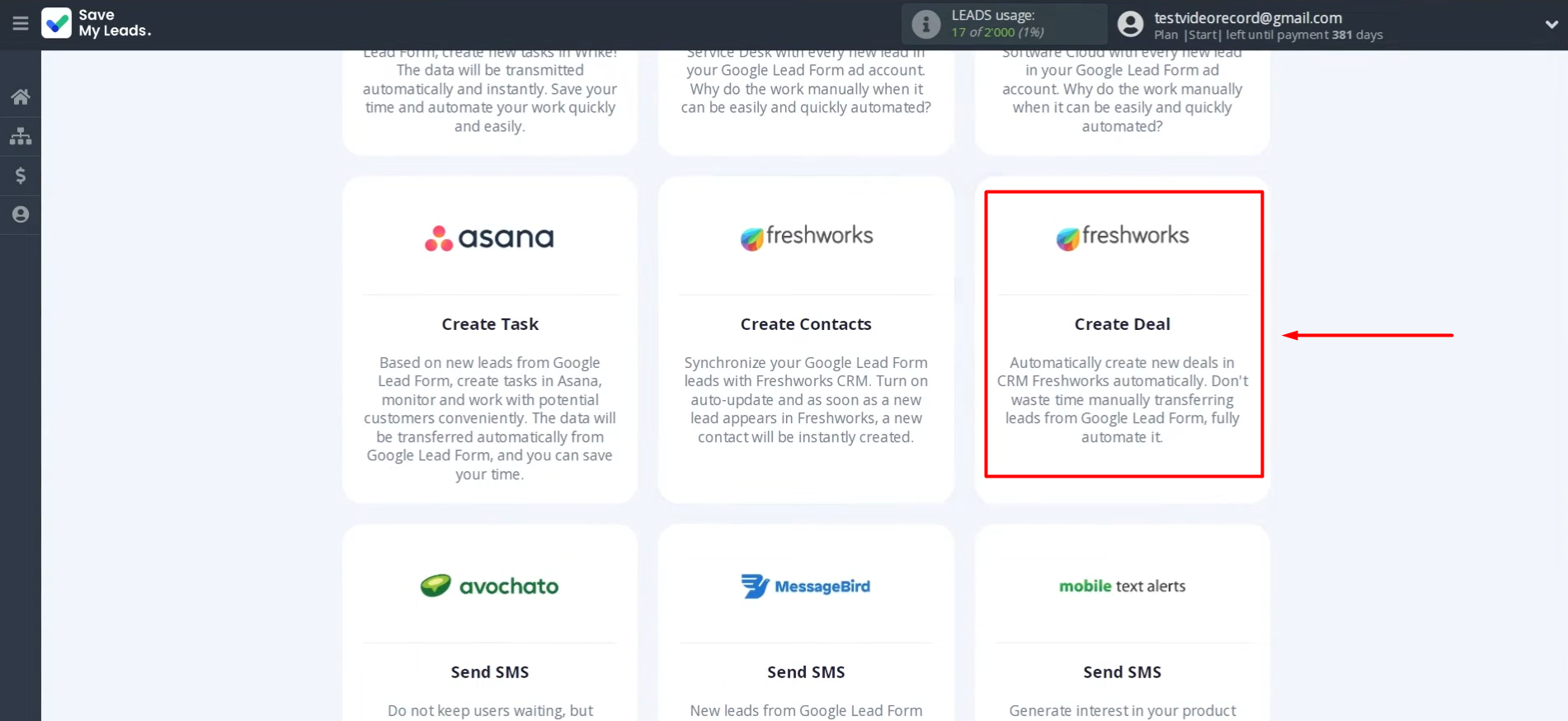 Choose Freshworks (Create Deal)