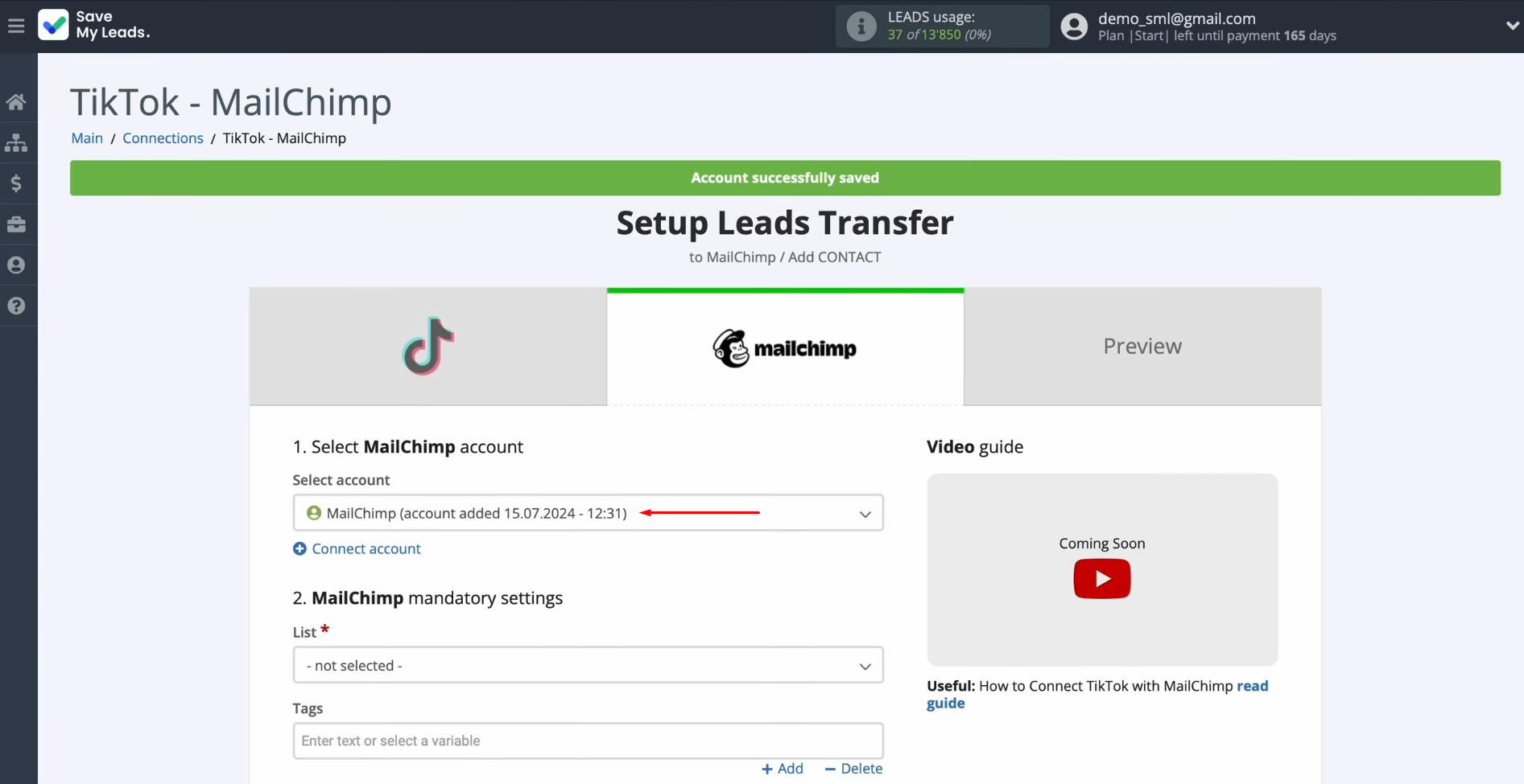 TikTok and Mailchimp integration | Select the connected login TikTok and Mailchimp integration | Select the connected login