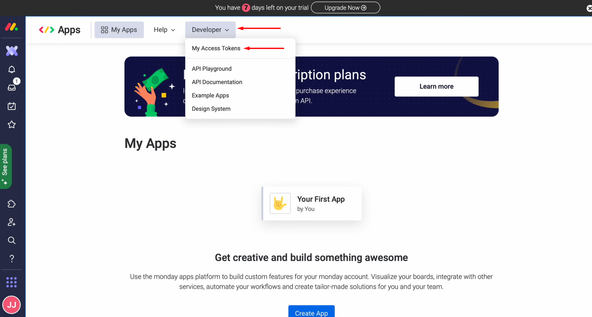 Select the tab Developer and choose My Access Tokens