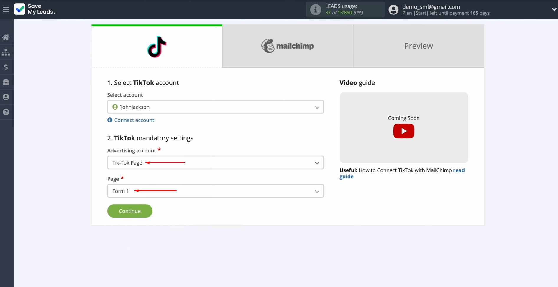 TikTok and Mailchimp integration | Select the advertising page and form TikTok and Mailchimp integration | Select the advertising page and form