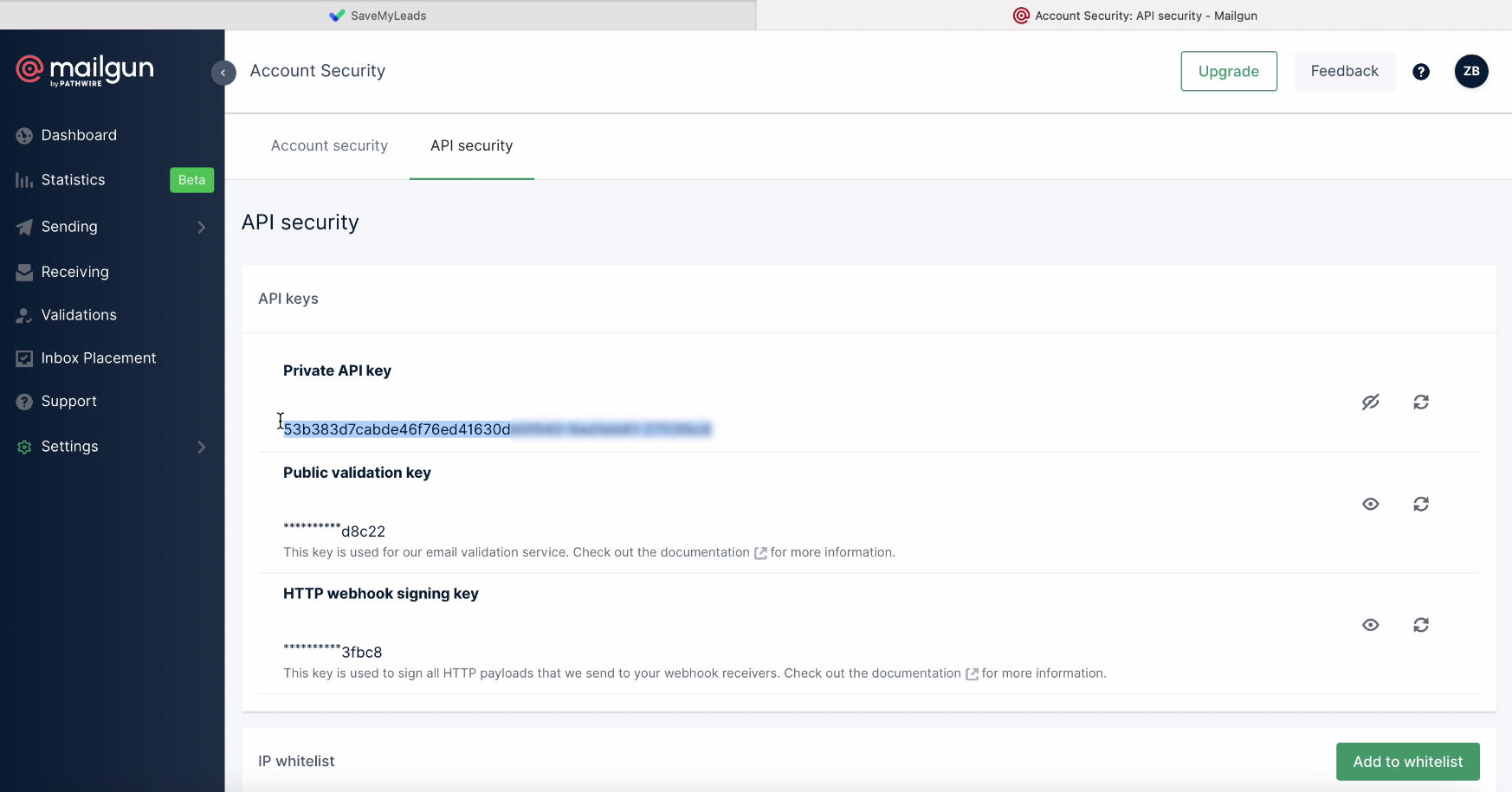 Facebook and Mailgun integration | Copy the key Facebook and Mailgun integration | Copy the key