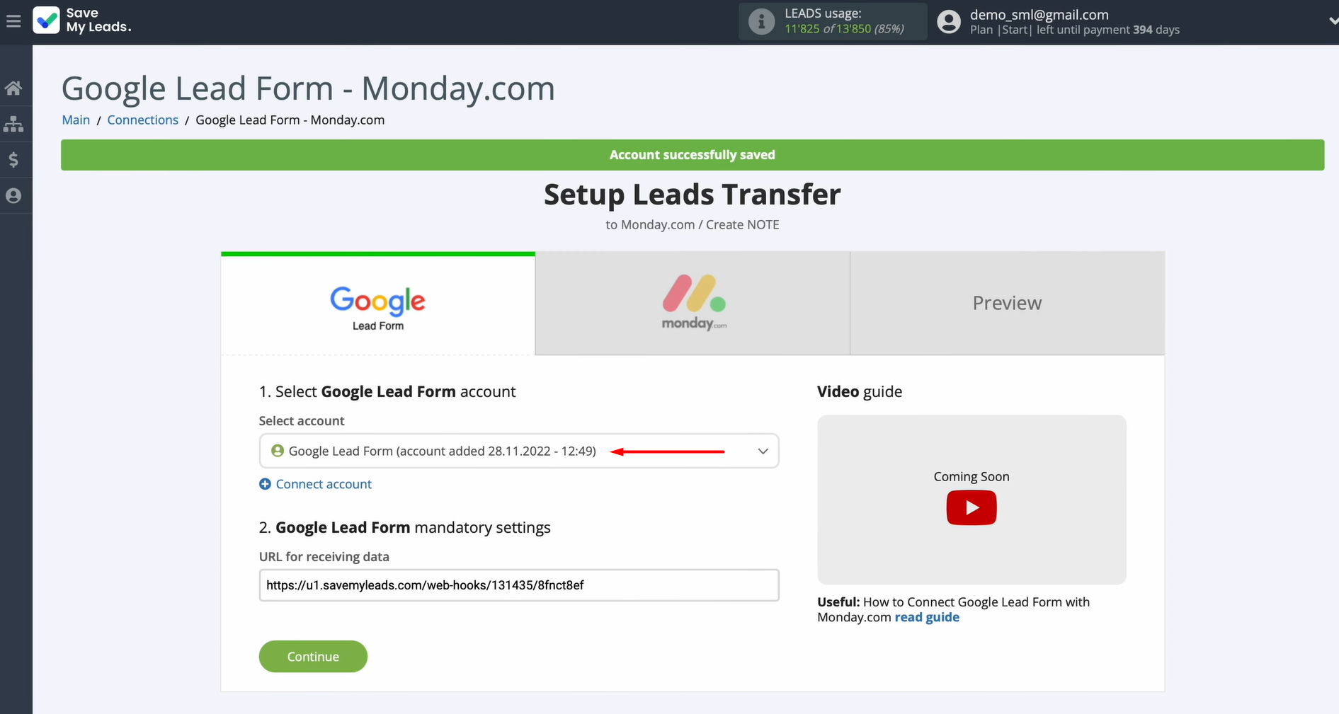 Select the connected account