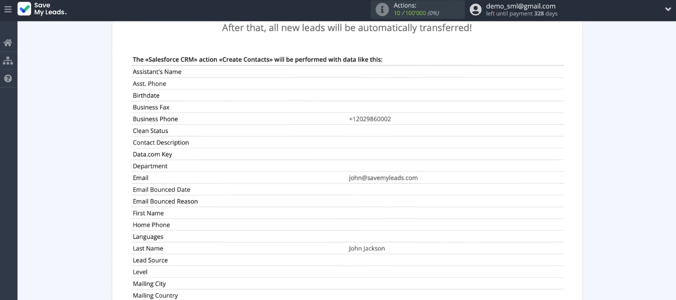 Facebook and Salesforce integration | Example of the data that will be sent to Salesforce Facebook and Salesforce integration | Example of the data that will be sent to Salesforce