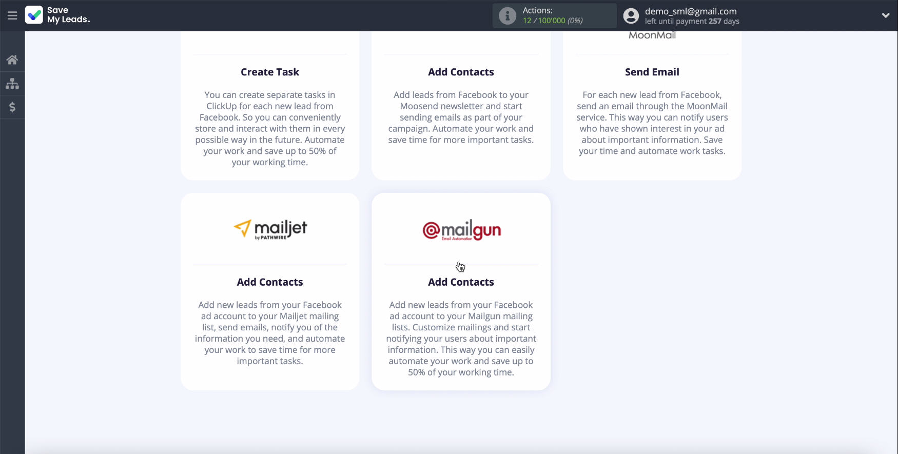 Facebook and Mailgun integration | Select system template Facebook and Mailgun integration | Select system template 
