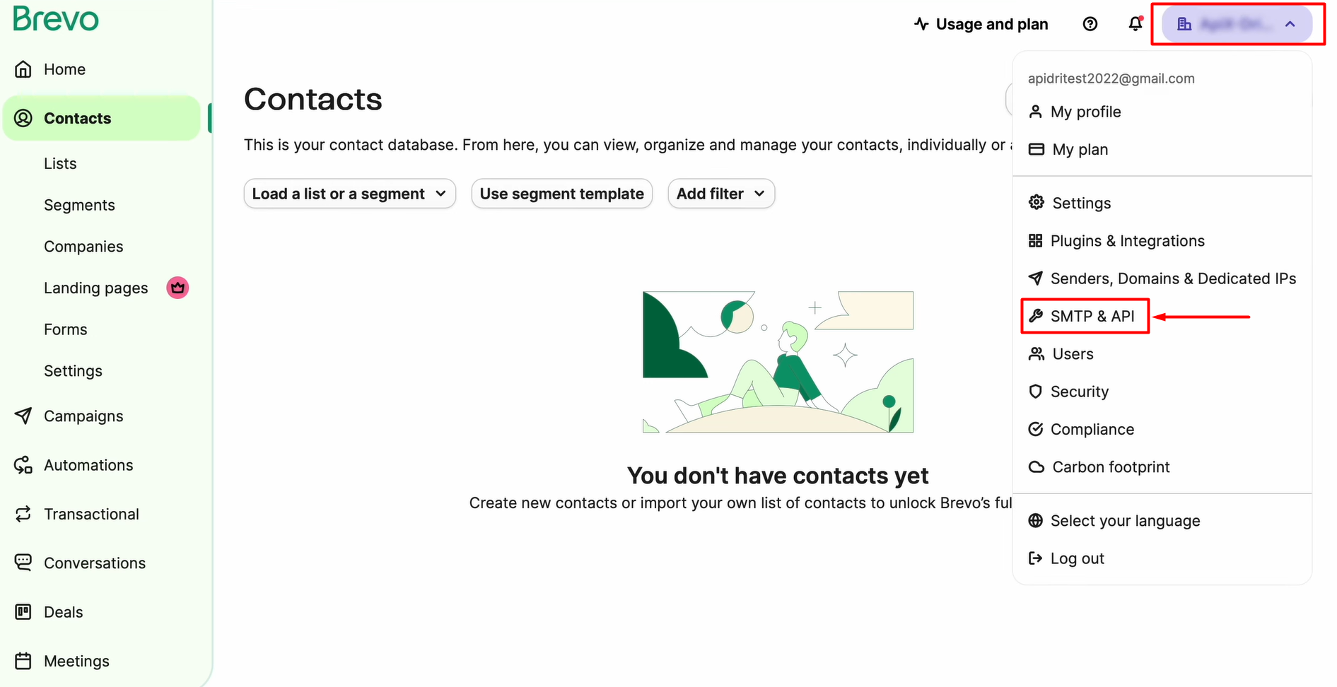 Head to your account settings and look for the SMTP and API section Head to your account settings and look for the SMTP and API section