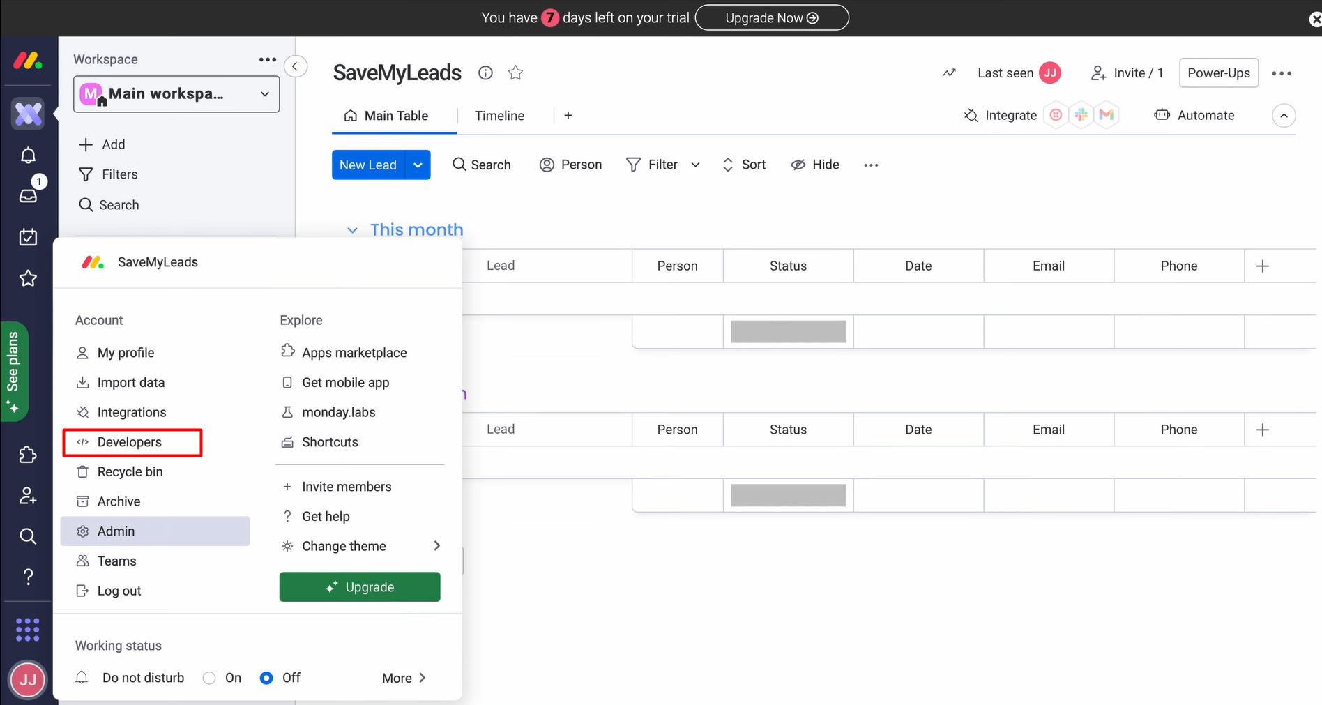 Go to the Developers section