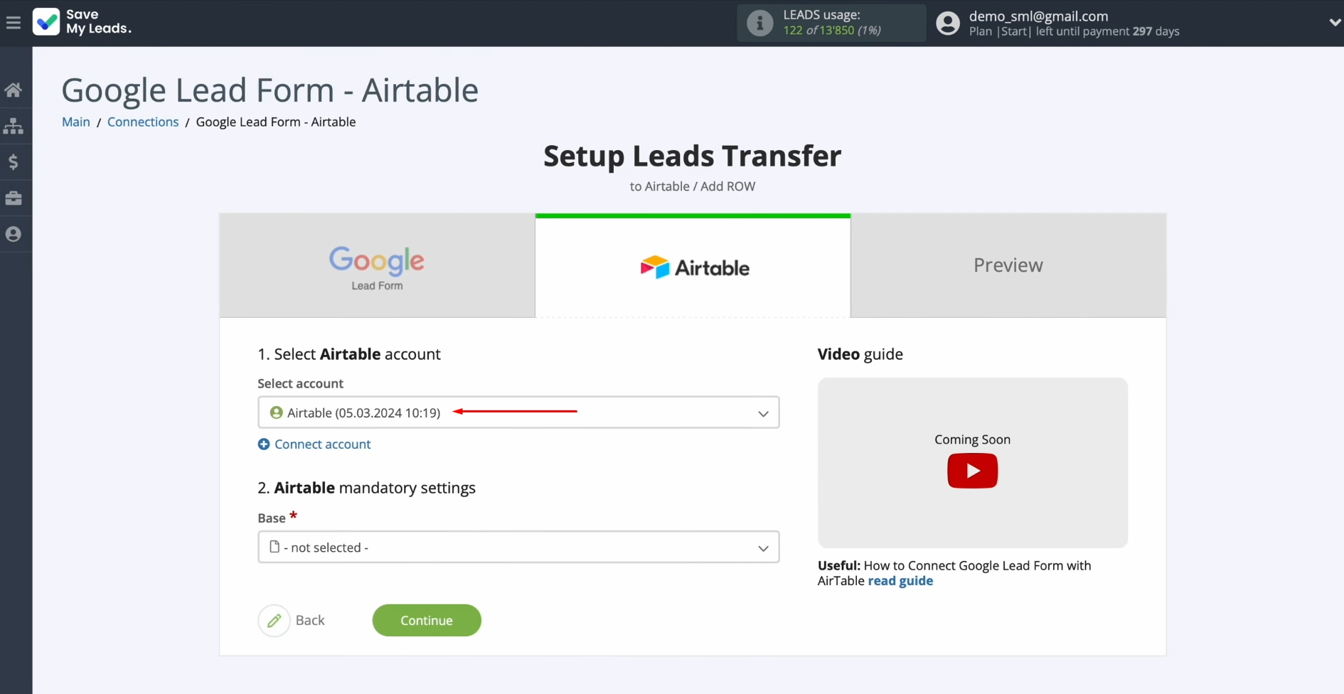 Google Lead Form and Airtable integration | Select the connected account Google Lead Form and Airtable integration | Select the connected account