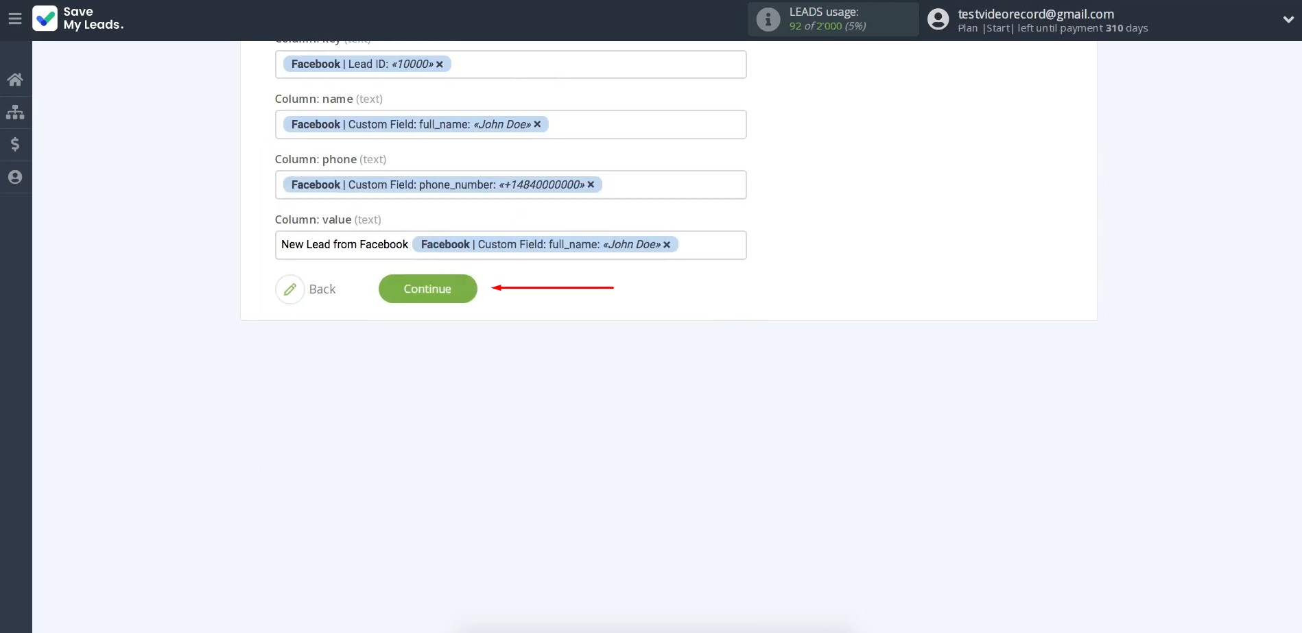 Facebook and PostgreSQL integration | Click “Continue” Facebook and PostgreSQL integration | Click “Continue”