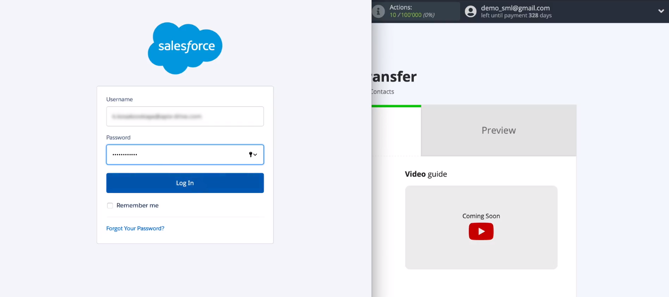 Facebook and Salesforce integration | Specify the username and password Facebook and Salesforce integration | Specify the username and password