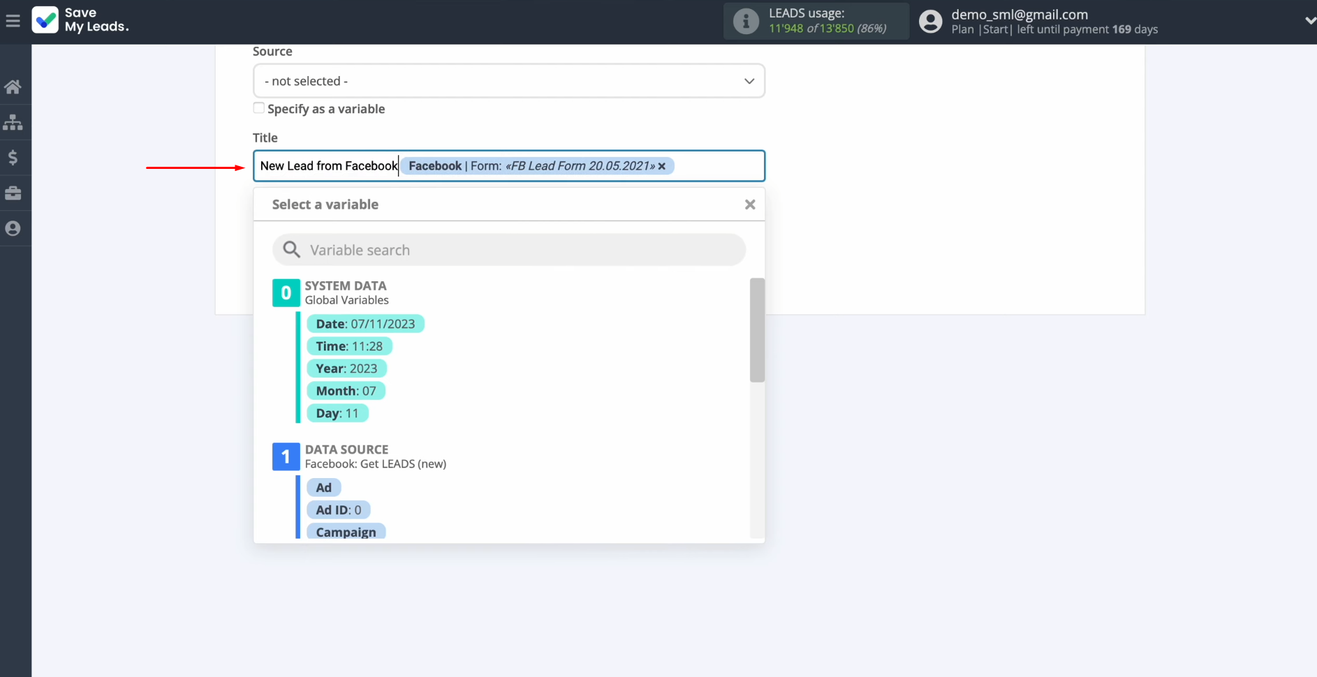Facebook and KeepinCRM integration | You can use not only variables but also manually input values Facebook and KeepinCRM integration | You can use not only variables but also manually input values