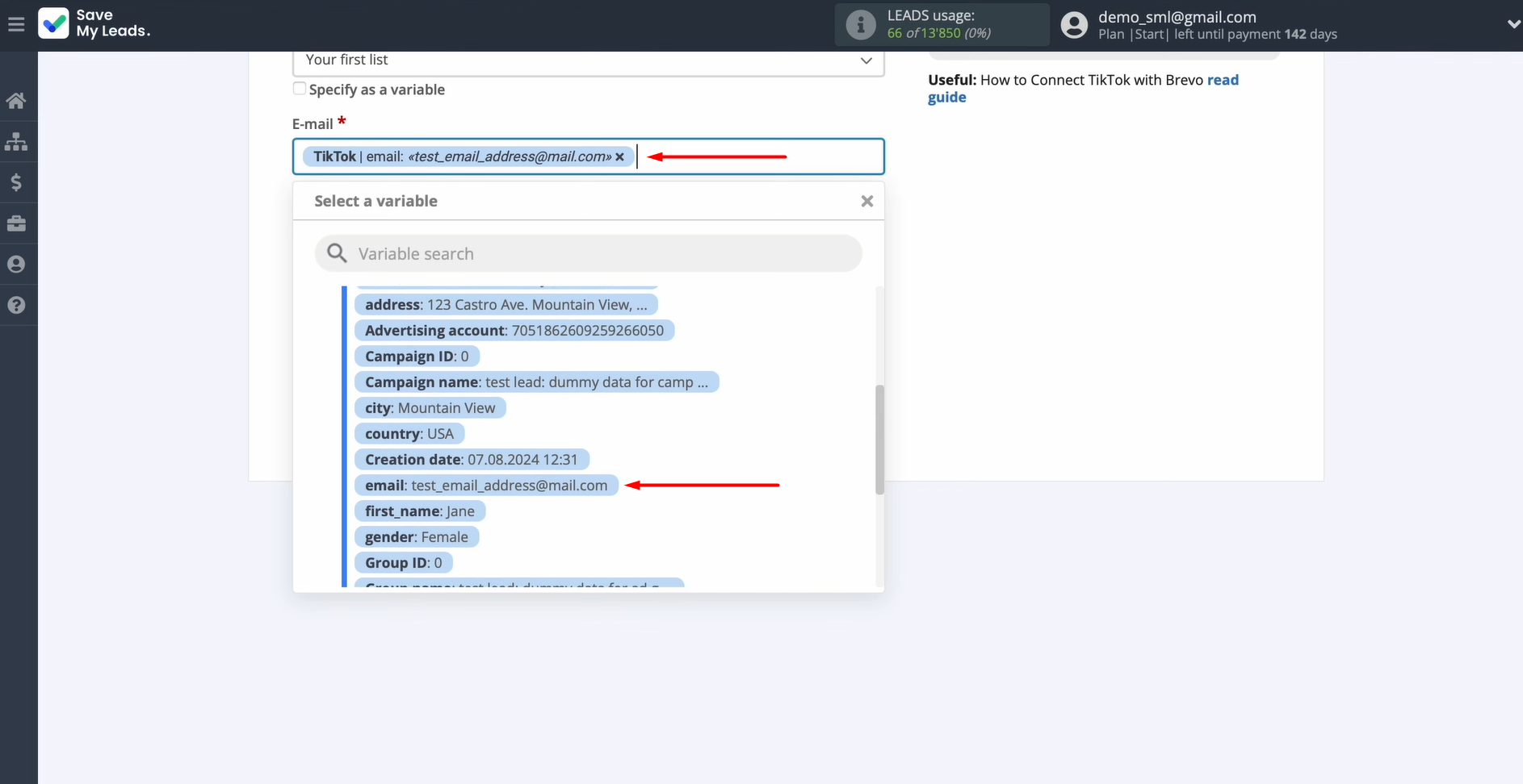Fill in the Brevo contact fields with the appropriate variables Fill in the Brevo contact fields with the appropriate variables