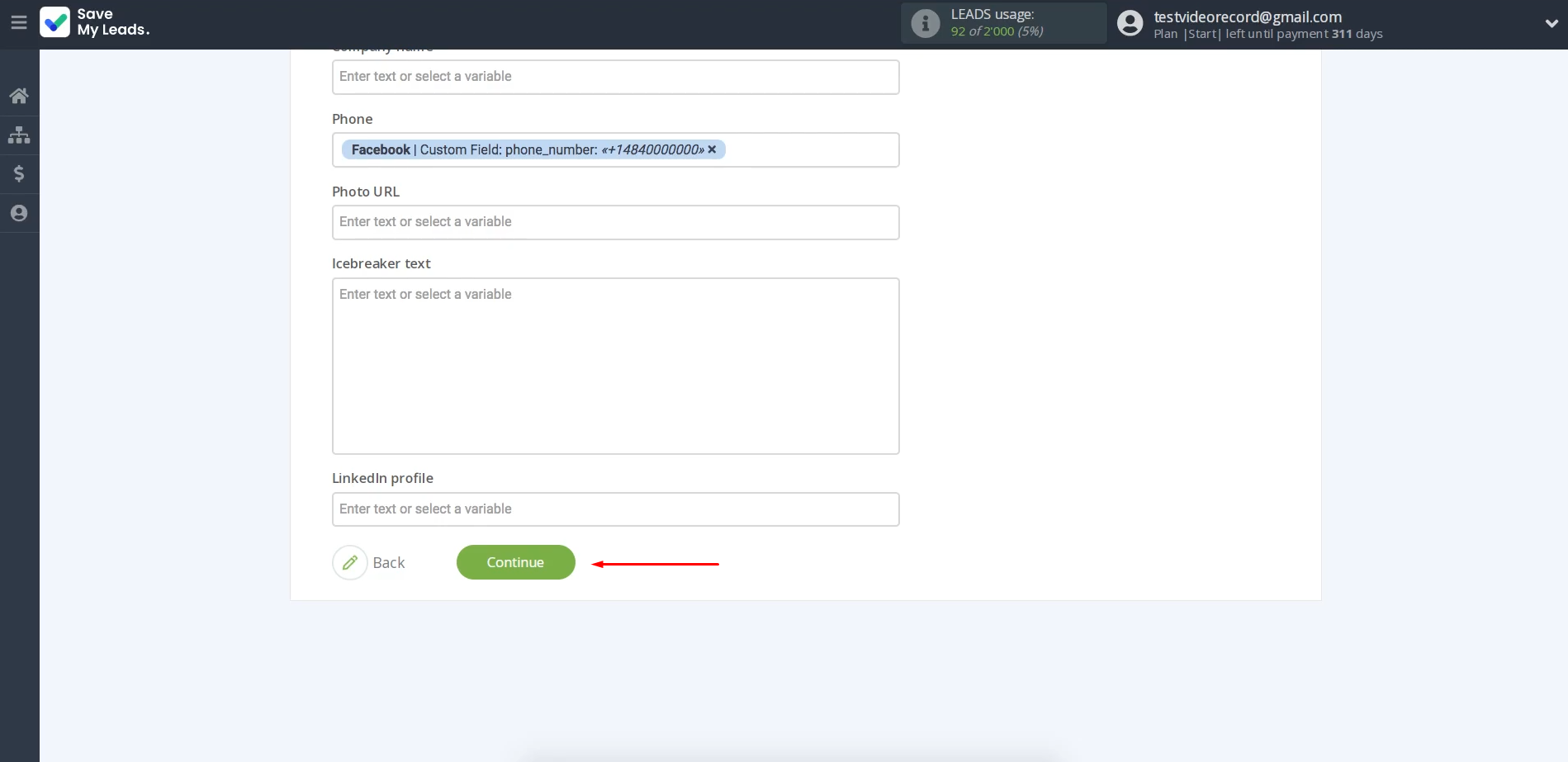 Facebook and Lemlist integration | Click “Continue” Facebook and Lemlist integration | Click “Continue”