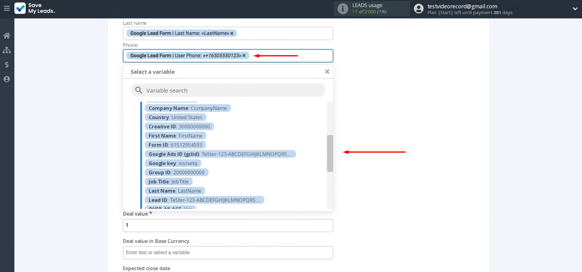 Freshworks fields where you can assign variables from the Google Lead Form