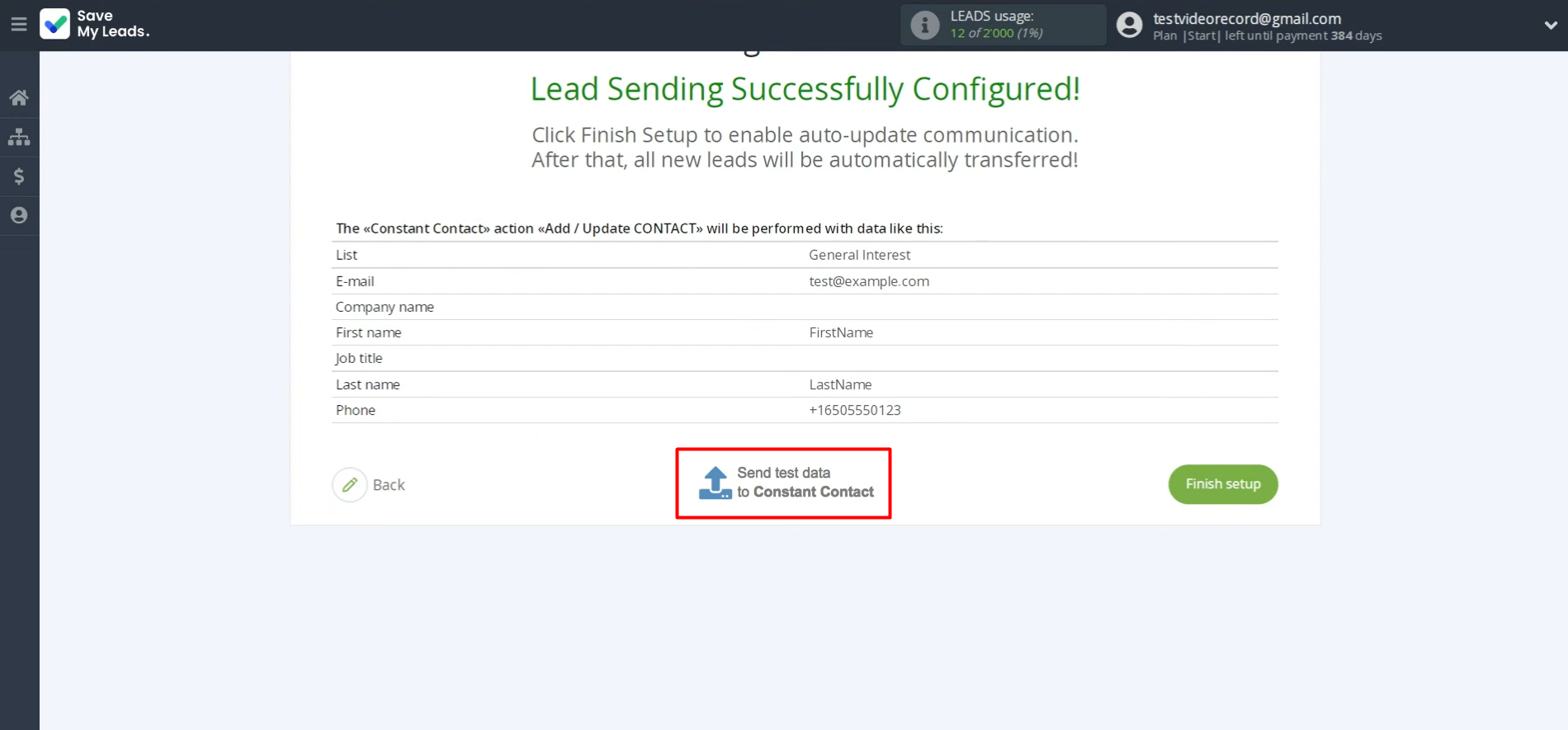 Send test data to Constant Contact