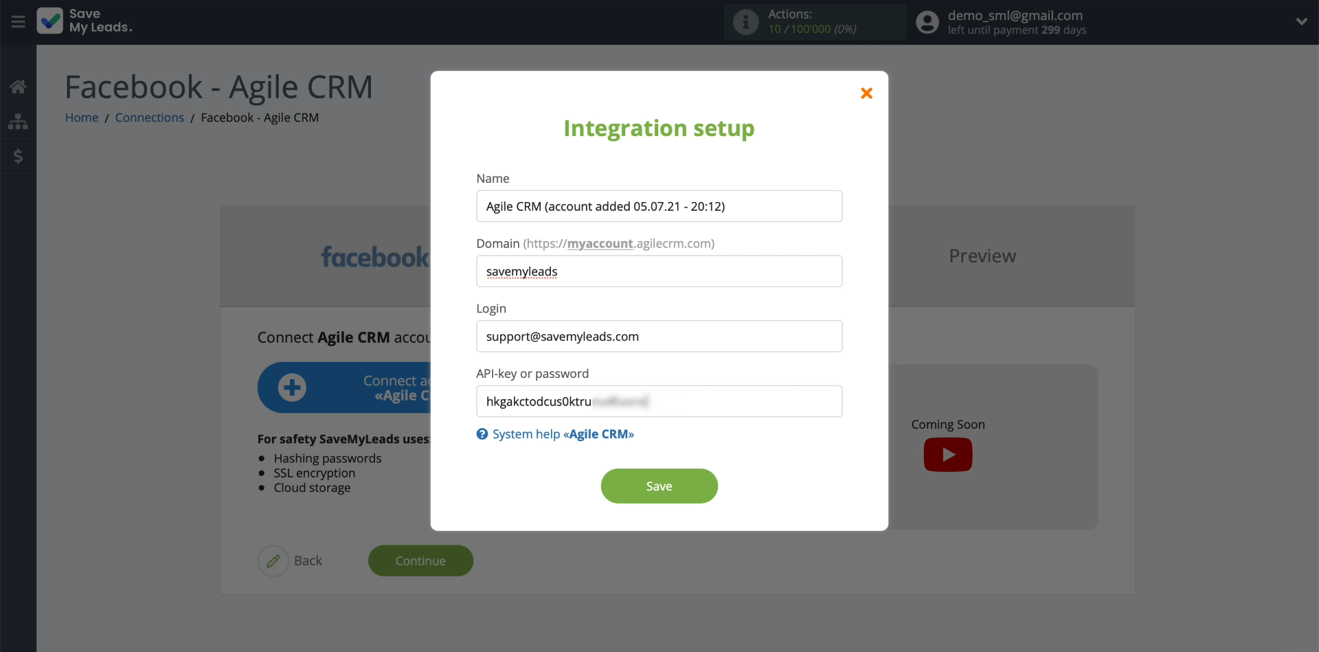 Facebook and AgileCRM integration | Entering data to connect Facebook and AgileCRM integration | Entering data to connect