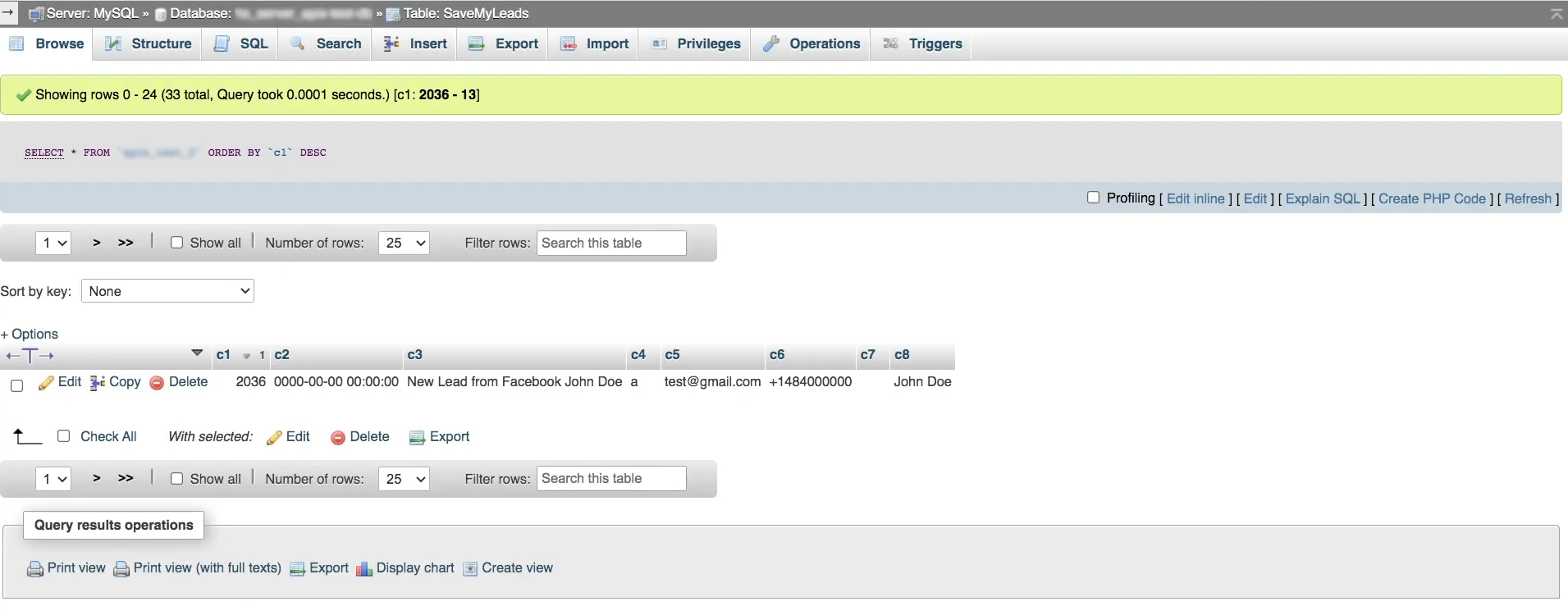 MySQL and Facebook integration | Result of connecting platforms MySQL and Facebook integration | Result of connecting platforms