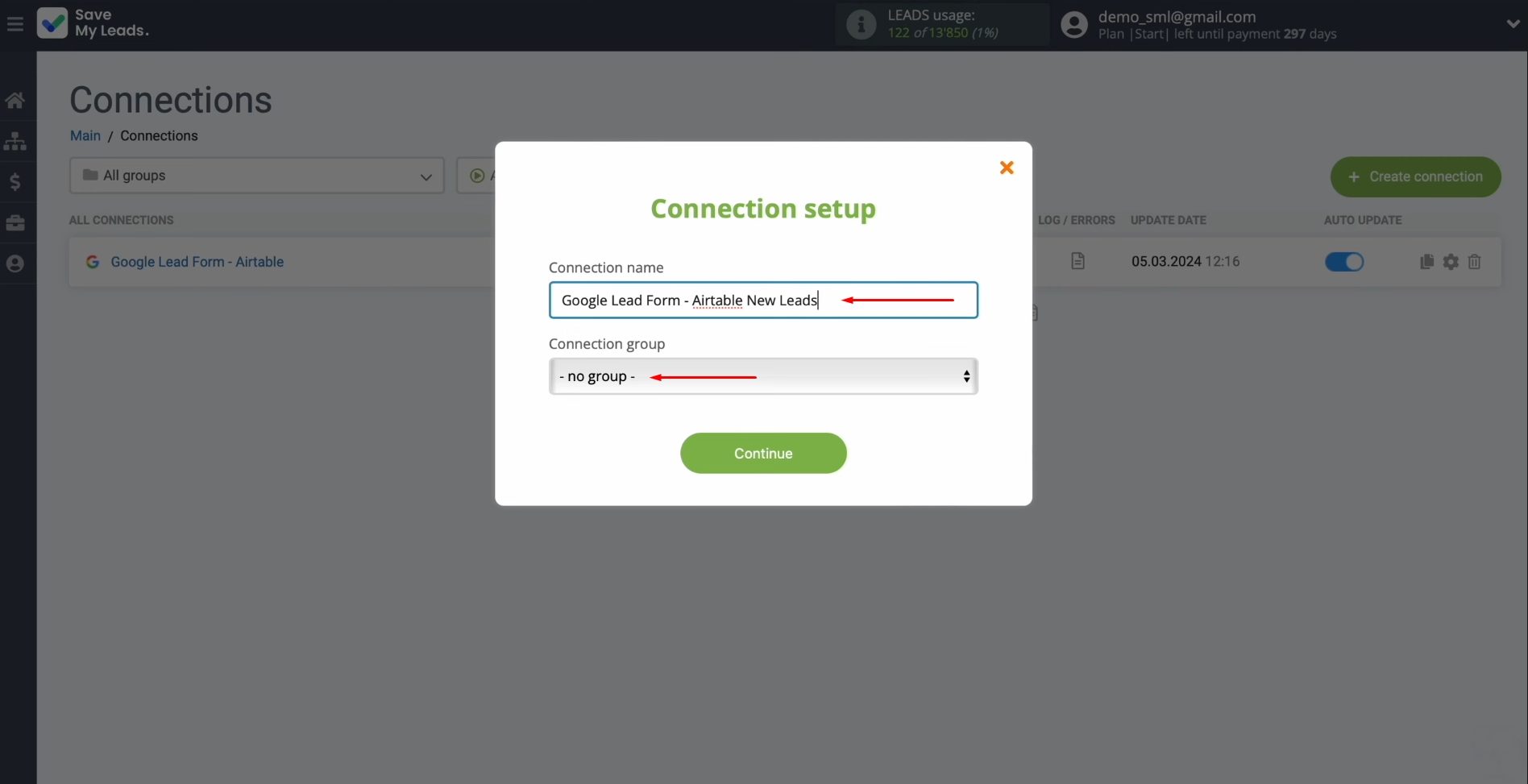 Google Lead Form and Airtable integration | Change the connection name and add it to a group Google Lead Form and Airtable integration | Change the connection name and add it to a group