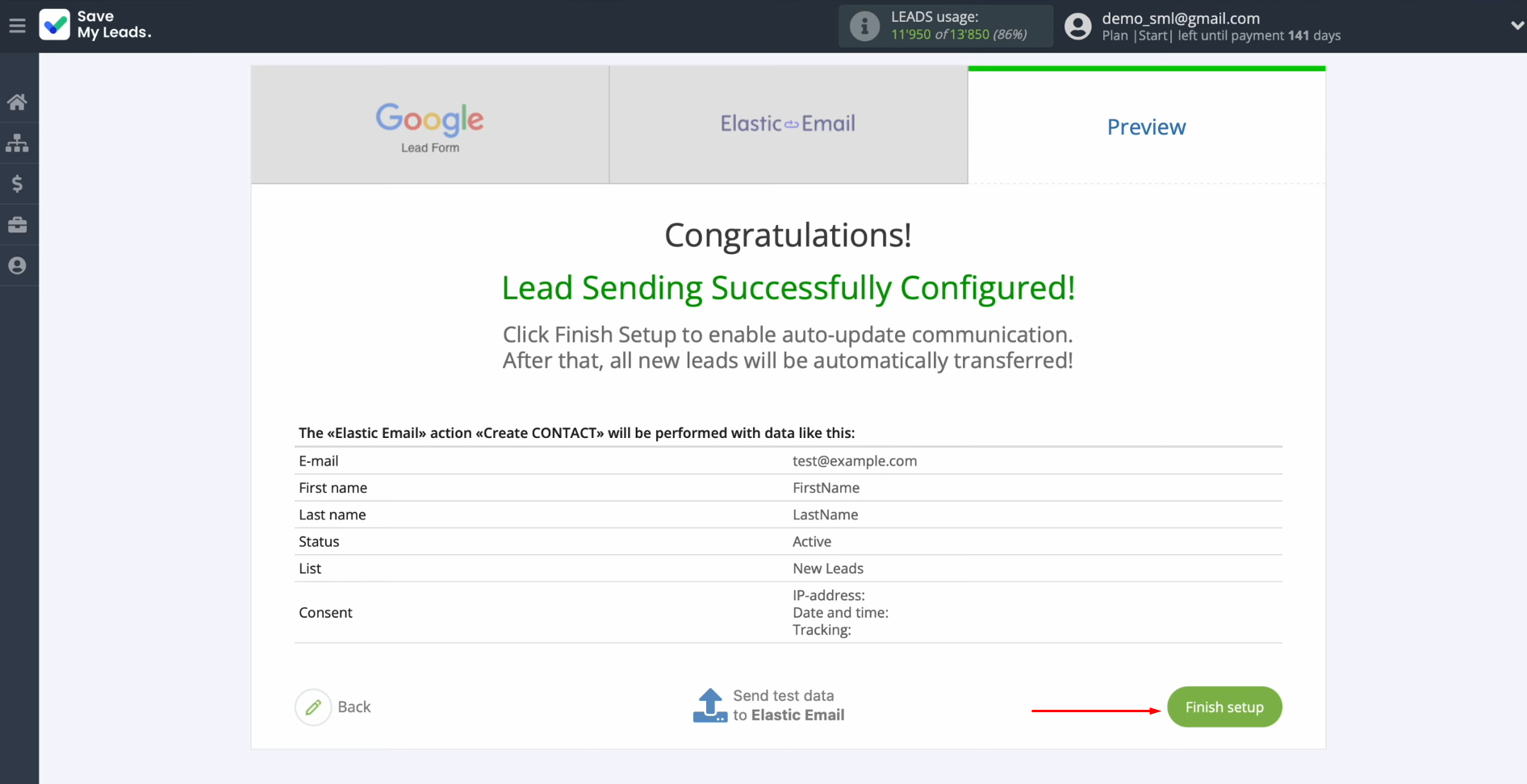 Google Lead Form and Elastic Email integration | Click “Finish setup” to enable the auto-update Google Lead Form and Elastic Email integration | Click “Finish setup” to enable the auto-update