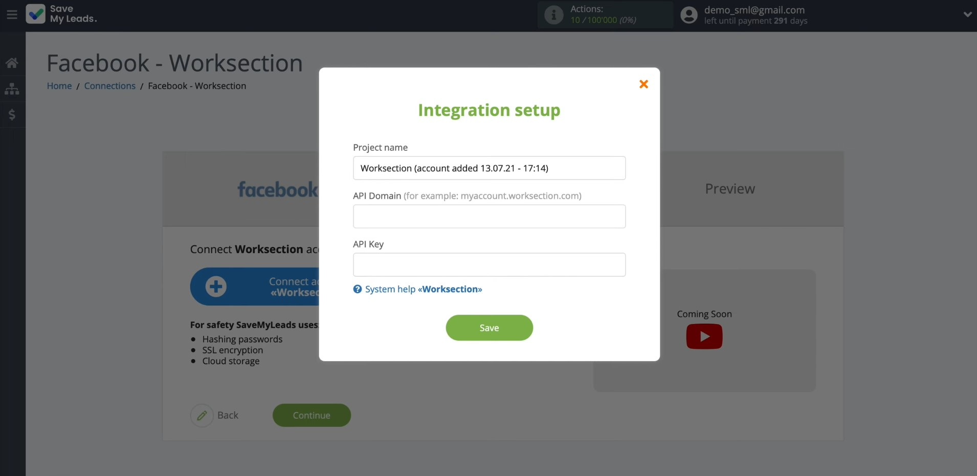 Facebook and Worksection integration | Specify the API domain and API key Facebook and Worksection integration | Specify the API domain and API key
