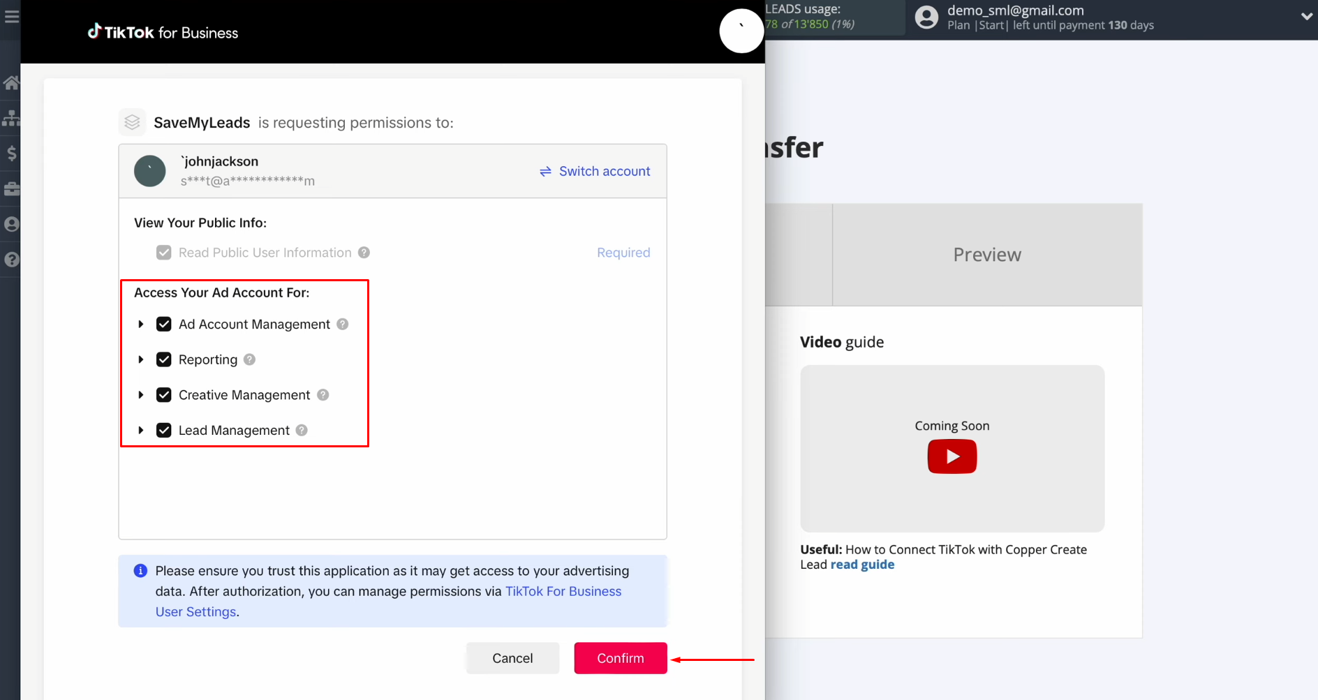 Check all required access checkboxes Check all required access checkboxes