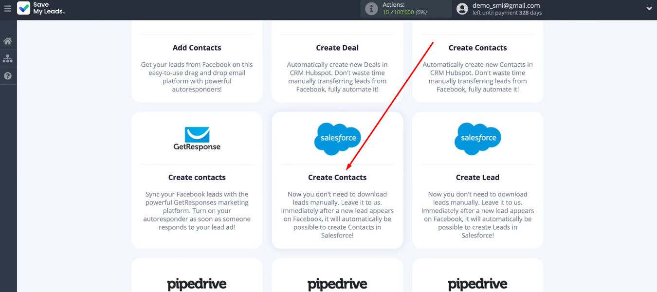 Facebook and Salesforce integration | Choose the template Salesforce (Create Contacts) Facebook and Salesforce integration | Choose the template Salesforce (Create Contacts)
