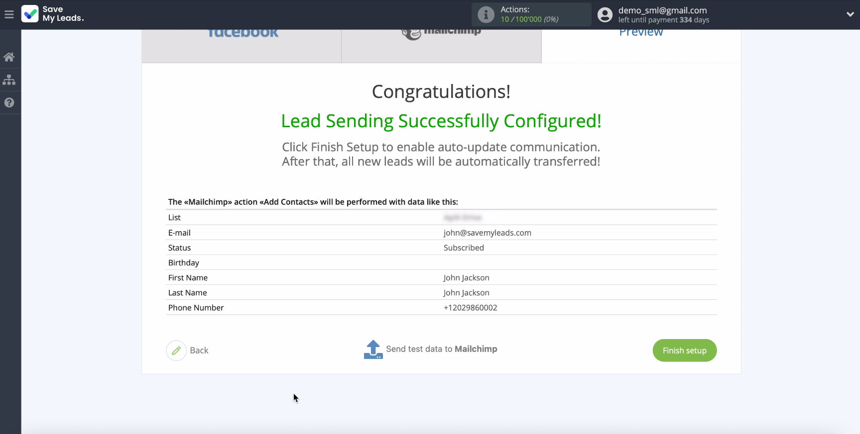 MailChimp and Facebook integration | Example of filled data MailChimp and Facebook integration | Example of filled data