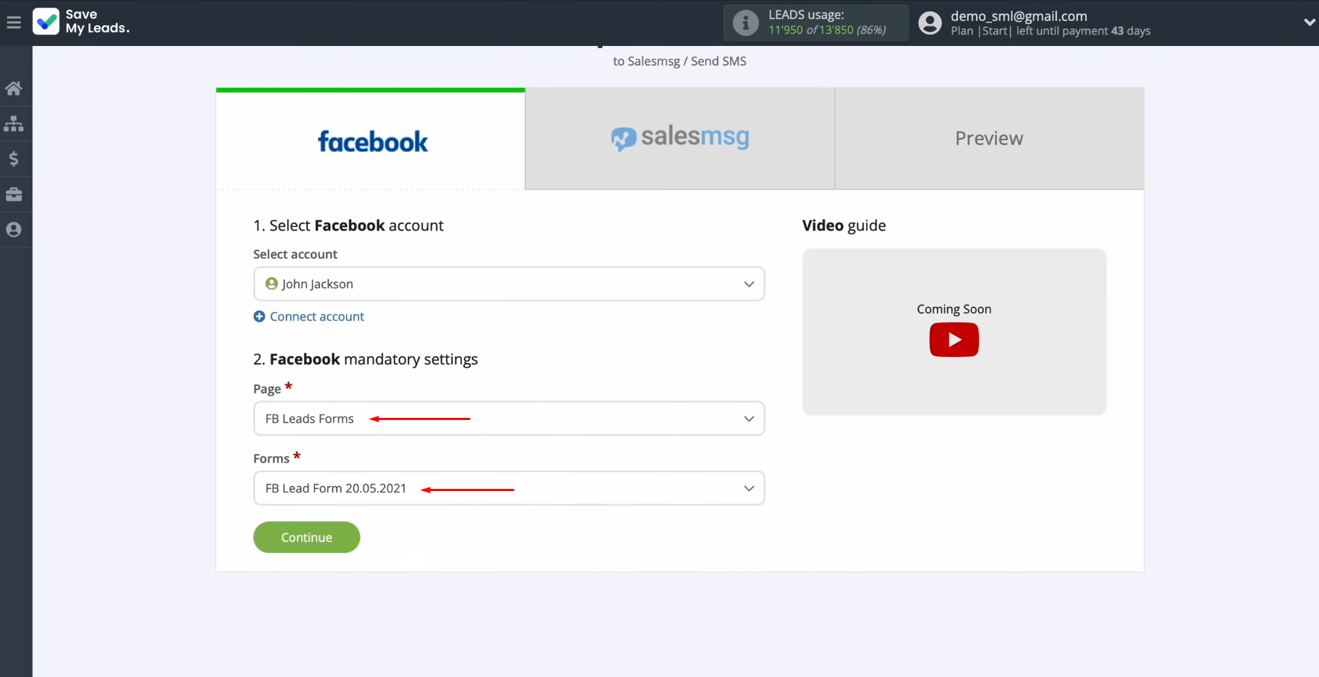 Salesmsg and Facebook integration | Select the advertising page and form Salesmsg and Facebook integration | Select the advertising page and form
