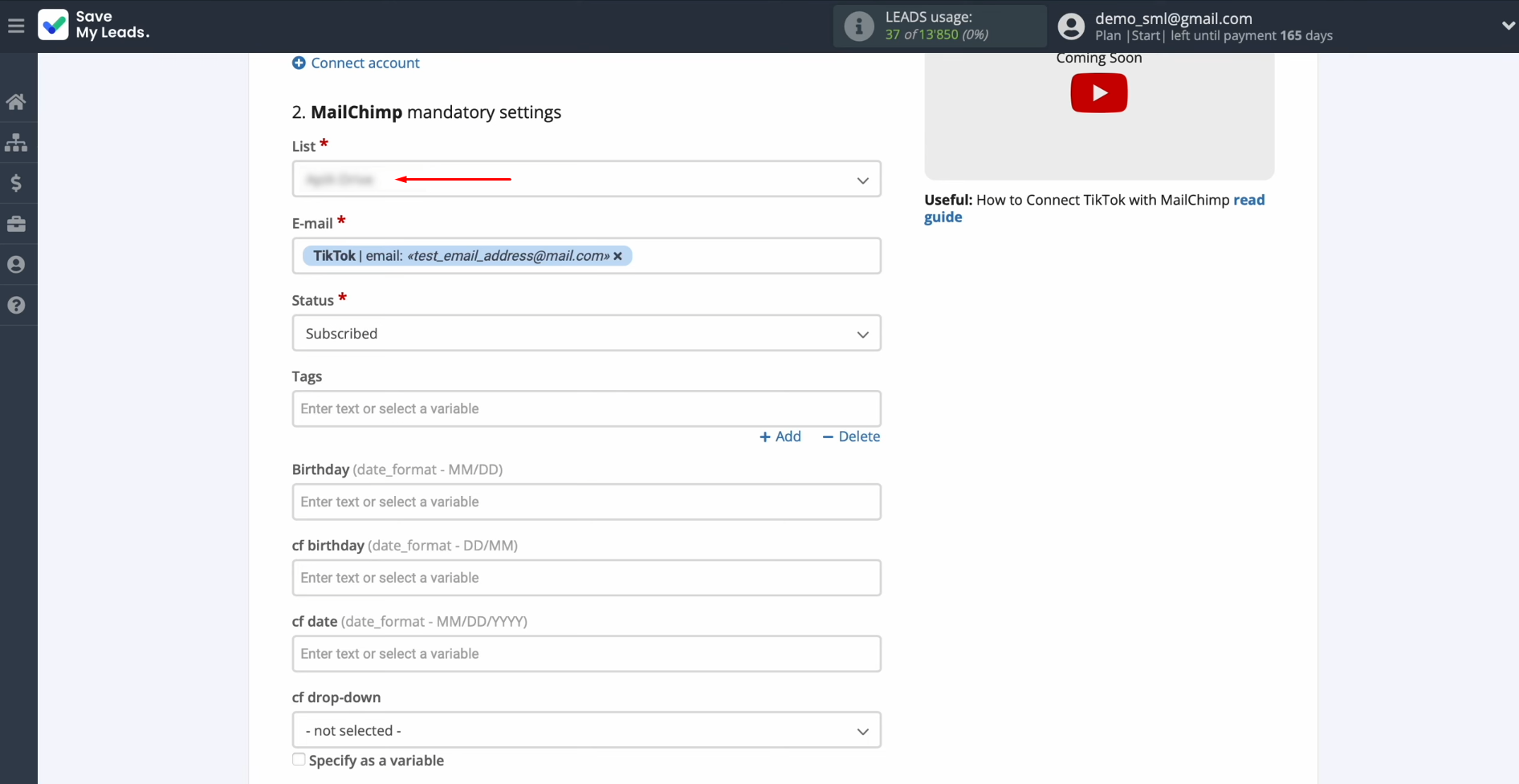 TikTok and Mailchimp integration | Select the List to which new contacts will be added TikTok and Mailchimp integration | Select the List to which new contacts will be added